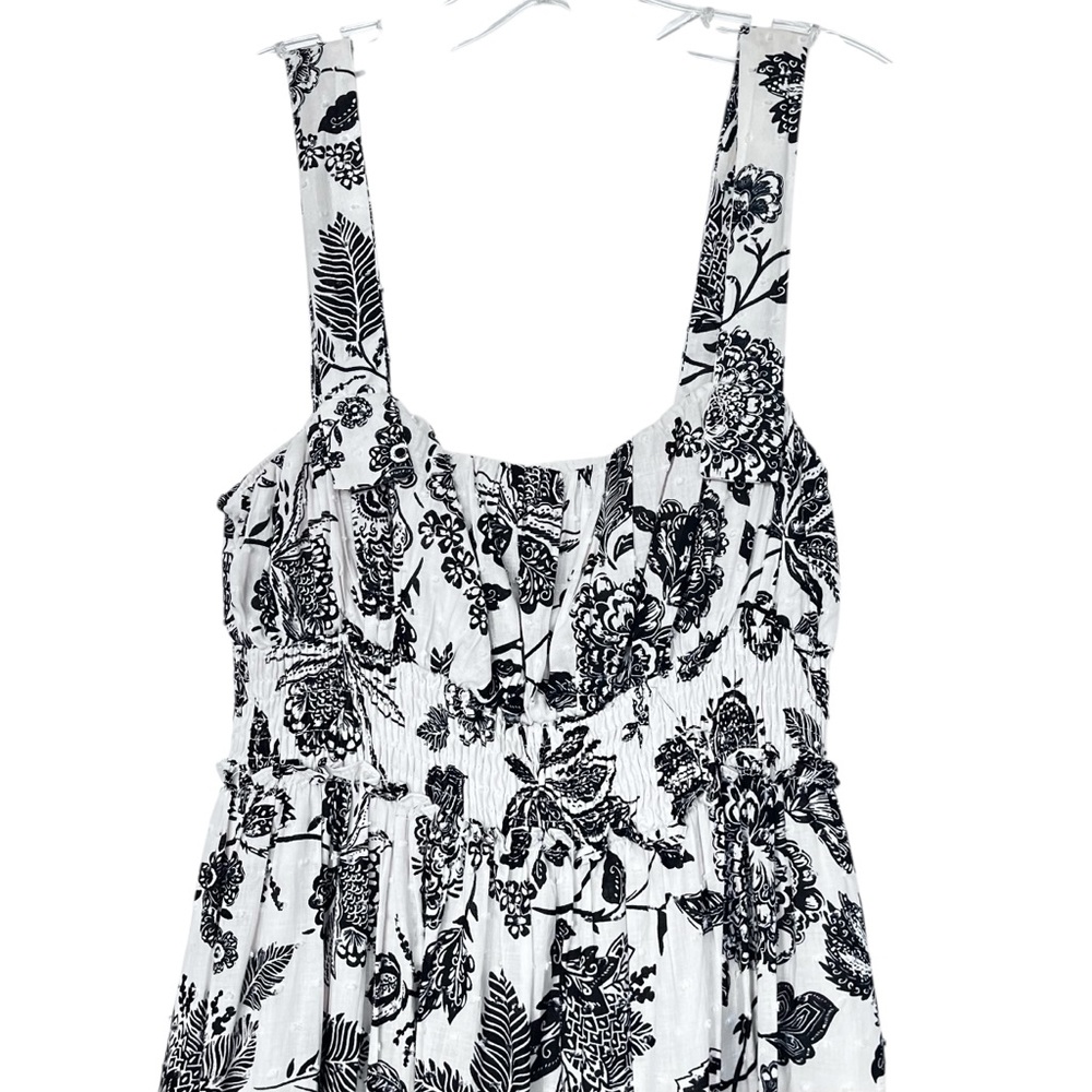 Taylor Black Cream Cotton Swiss Dot Toile Floral Smocked Waist Maxi Dress Size 6